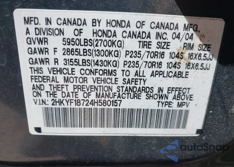 2004 Honda Pilot Ex-L from USA, damaged, VIN 2HKYF18724H580157